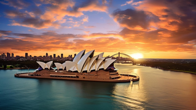 Ópera de Sídney al atardecer vista desde el Puente del Puerto de Sídney Ai generada