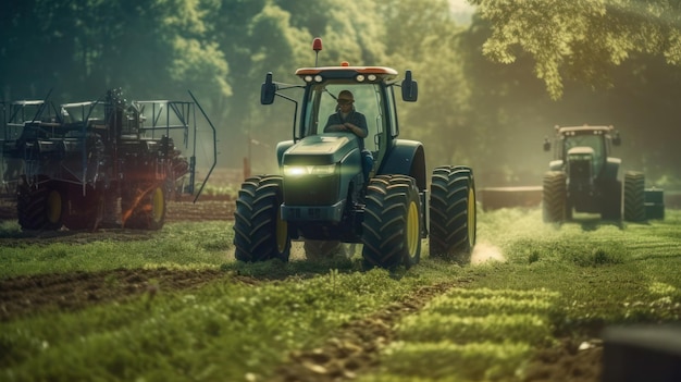 Operación agrícola con camión y bosque.