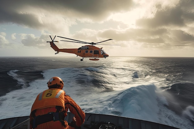 Operación de búsqueda y rescate en el mar Helicóptero de rescate de emergencia sobrevuela el mar IA generativa