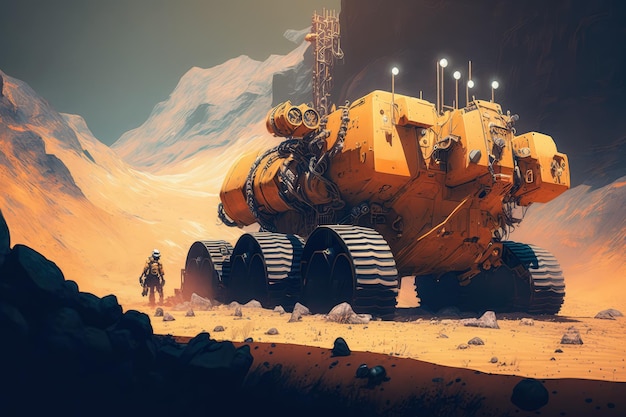 Operación minera futurista creativa en un planeta distante con robots avanzados y automatizado