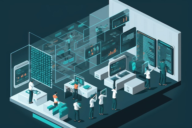 Operación de minería de datos con equipos de mineros de datos que analizan cantidades masivas de datos estructurados y no estructurados creados con IA generativa