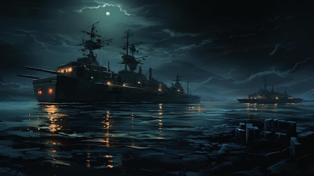 Foto operaciones navales nocturnas buques submarinos y aeronaves