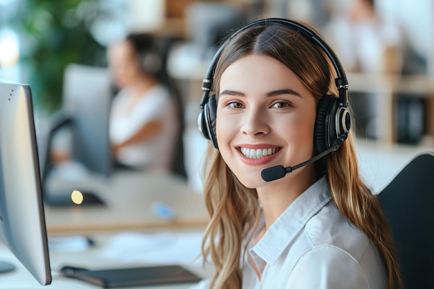 Operador de atención al cliente sonriente con auriculares de manos libres trabajando en la oficina