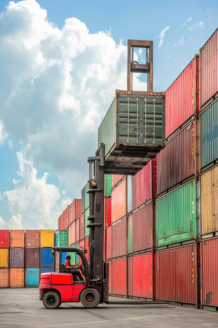 Operador de carretilla elevadora levantando un contenedor en una colorida terminal de carga bajo un cielo azul con nubes esponjosas