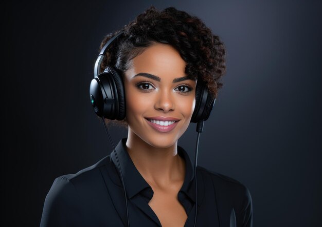 Operador de centro de llamadas afroamericano sonriente con auriculares aislados en fondo negro