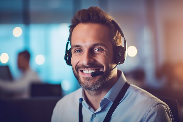 Operador de call center masculino sorridente trabalhando em um escritório com Generative AI