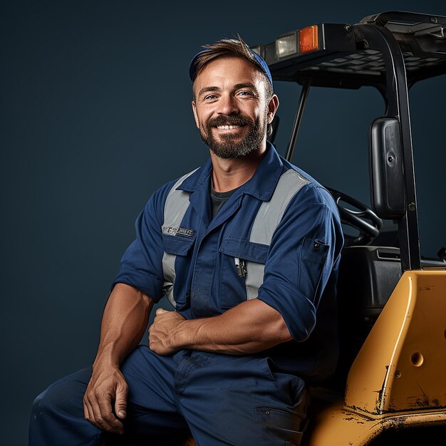 Operador de equipamentos pesados experiente com fundo azul sólido