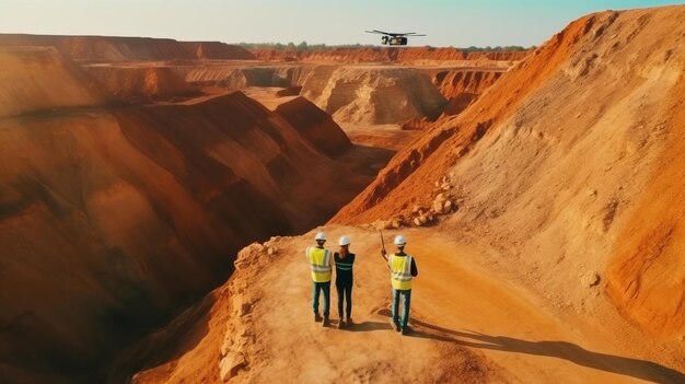 Operador de especialistas da equipe inspecionando pedreira de areia de mina a céu aberto
