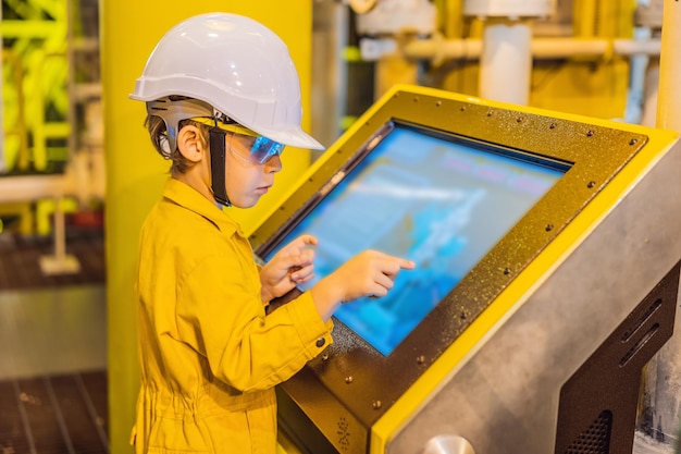 Operador de menino gravando a operação do processo de petróleo e gás na planta de petróleo e plataforma offshore de petróleo e gás