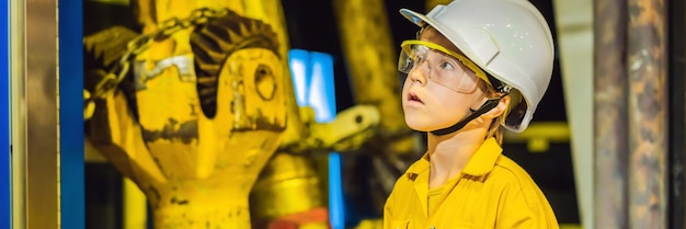 Operador de menino gravando a operação do processo de petróleo e gás na planta de petróleo e plataforma offshore de petróleo e gás