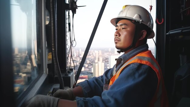 Operador de trabalhador da construção civil de aparência asiática na cabine de um guindaste de construção Generative AI