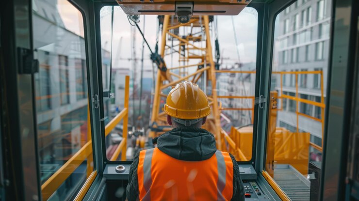 Operador experto de la grúa de torre que controla la grúa desde la cabina