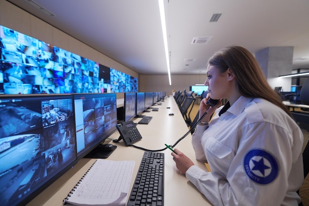 Operador de guardia de seguridad femenino hablando por teléfono mientras trabaja en la estación de trabajo con múltiples pantallas Guardias de seguridad trabajando en múltiples monitores