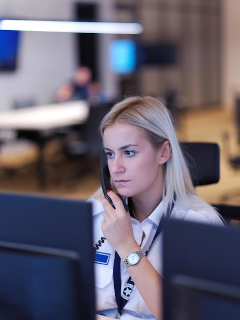 Operador de guardia de seguridad femenino hablando por teléfono mientras trabaja en la estación de trabajo con múltiples pantallas Guardias de seguridad trabajando en múltiples monitores