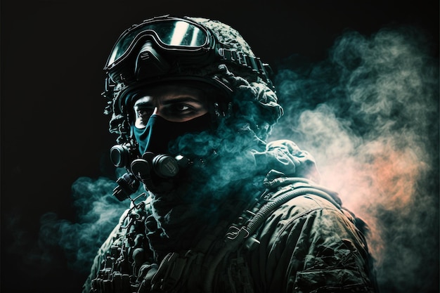 operador militar cercado por fumaça