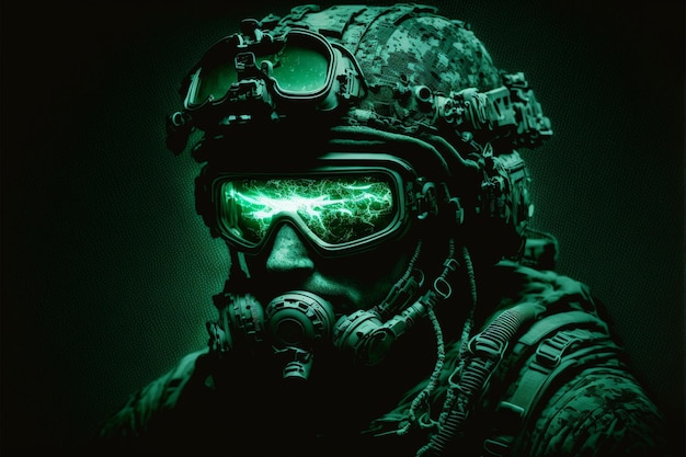 operador militar en una habitación oscura visión nocturna gafas verdes y mascarilla