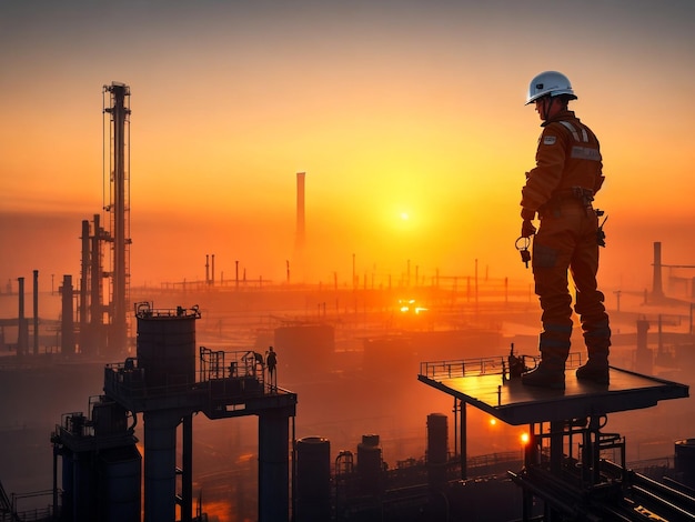 un operador de pie frente a la industria al atardecer