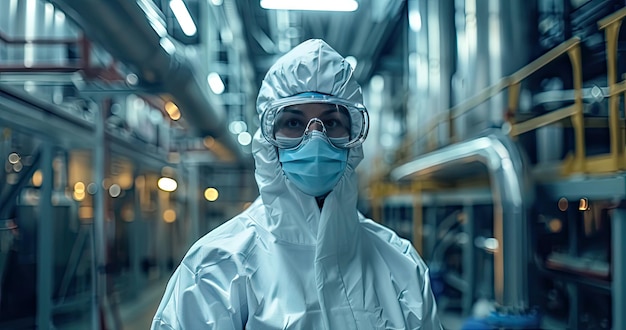 Un operador de una planta química en equipo de monitoreo de uniforme de protección en un fondo de color sólido fotorealista de una planta químicas