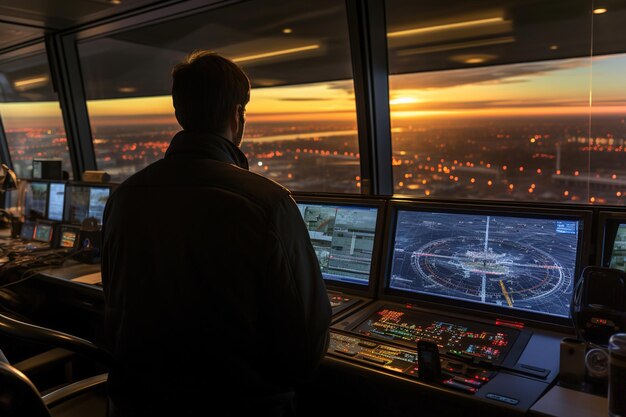 Operador de la sala de control del aeropuerto que supervisa y gestiona las operaciones de vuelo en el aeropuerto