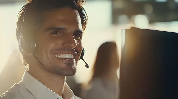 Operador de servicio al cliente indio que usa auriculares