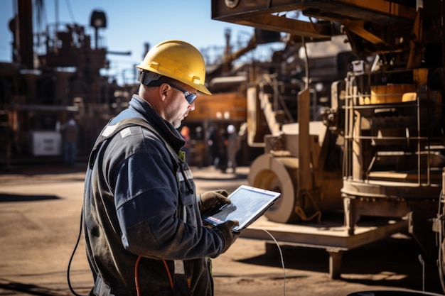 El operador utiliza una tableta móvil para controlar la plataforma de perforación para la exploración de minerales de gasóleo