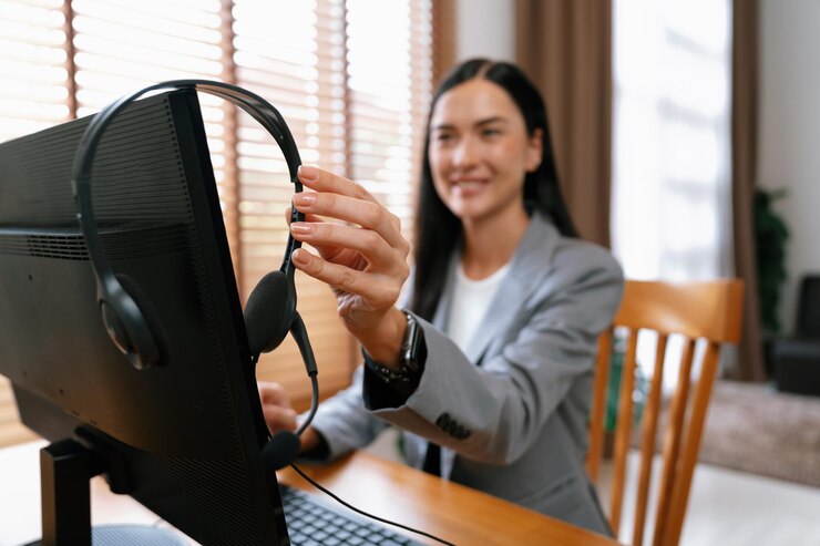 Foto operadora de centro de llamadas o personal de servicio de atención al cliente blithe