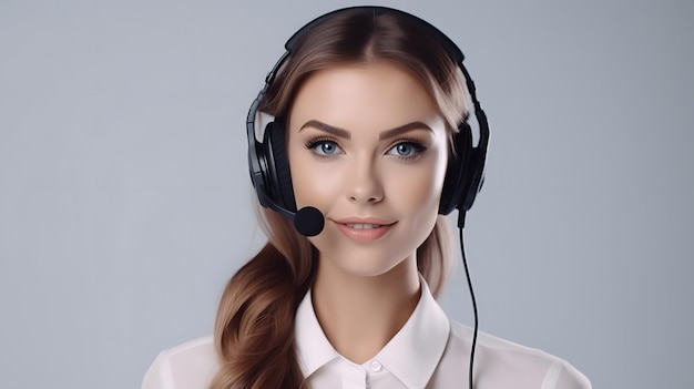Operadora de call center de mulher jovem e bonita usando fones de ouvido com microfone