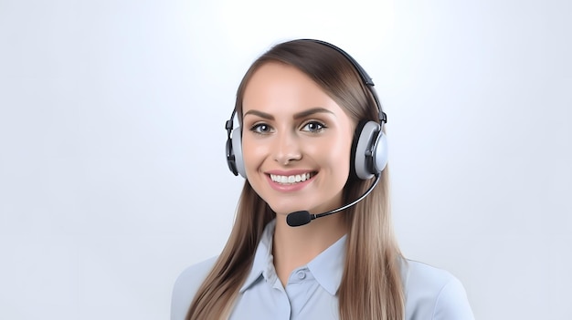 Operadora de call center de mulher jovem e bonita usando fones de ouvido com microfone