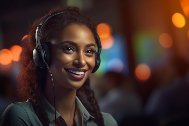 Operadora de call center feminina sorridente trabalhando em um escritório com Generative AI