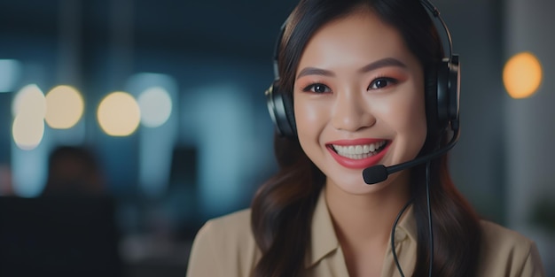 Operadora de telefone de suporte ao cliente sorridente asiática com fone de ouvido no escritório do centro de chamadas