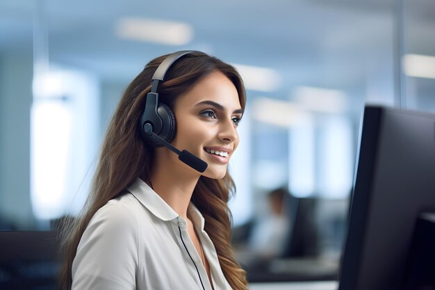 Operadora de telefone numa central de chamadas.