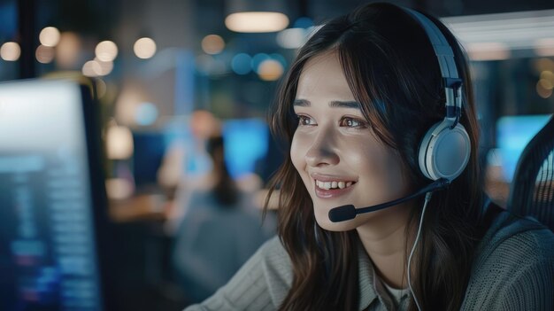 Operadora de servicio al cliente con auriculares y sonriendo mirando la pantalla de la computadora