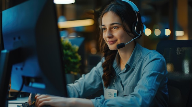 Operadora de servicio al cliente feliz y sonriente trabajando en la computadora en la oficina