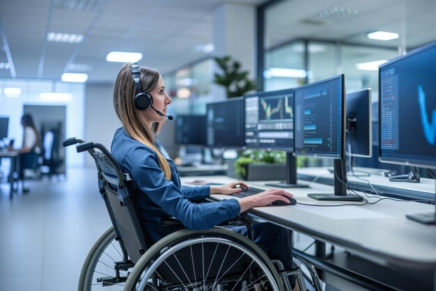 Operadora en silla de ruedas que trabaja en un puesto de trabajo multimonitor