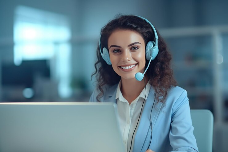 operadores de centros de llamadas con pequeños auriculares inalámbricos que trabajan con escritorio en una oficina IA generativa