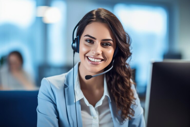operadores de centros de llamadas con pequeños auriculares inalámbricos que trabajan con un escritorio en una oficina IA generativa