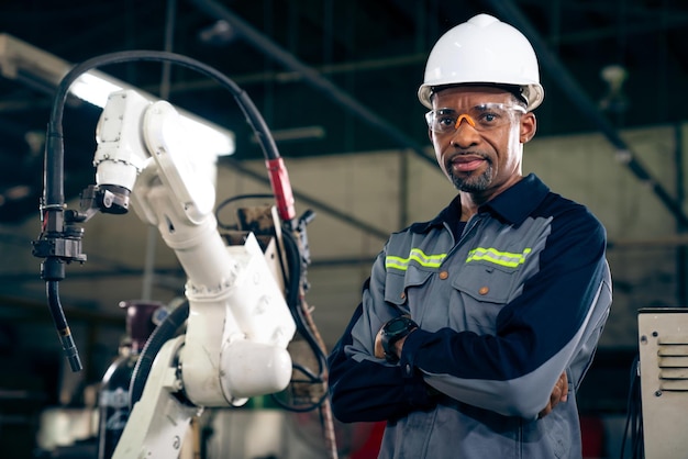 Operário afro-americano trabalhando com braço robótico adepto
