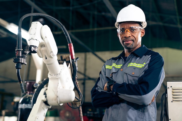 Operário afro-americano trabalhando com braço robótico adepto