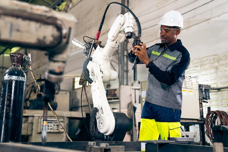 Foto operário afro-americano trabalhando com braço robótico adepto