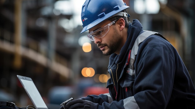 Operário de fábrica em refinaria de petróleo usando laptop para trabalhos de manutenção