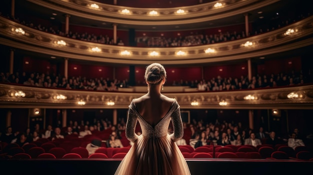 Foto opernsänger blickt während einer aufführung mit generativer ki auf das publikum