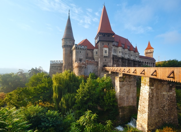 Foto opinião da manhã de verão do castelo de corvin (hunedoara, transilvânia, romênia). foi estabelecido em 1446