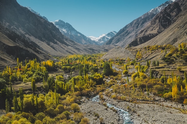 Opinião da paisagem da natureza da folha no outono cercado por montanhas na escala de Karakoram, Paquistão.