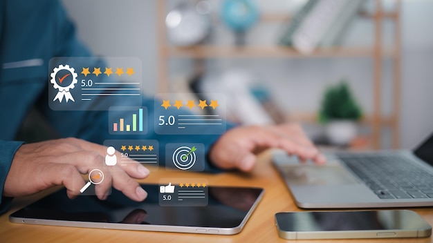 Opinión encuesta de satisfacción del cliente concepto Clasificación de servicio y experiencia del cliente aplicación en línea Revisión de retroalimentación de satisfacción Muy buena calidad Evaluación del cliente Calidad del servicio del producto