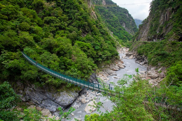 Opinión del paisaje en el puente de cuerda verde de Taroko, parque nacional de Taroko.