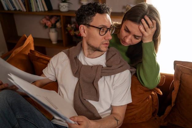 Foto opinión de la pareja estresada por problemas financieros y el aumento del costo de la vida