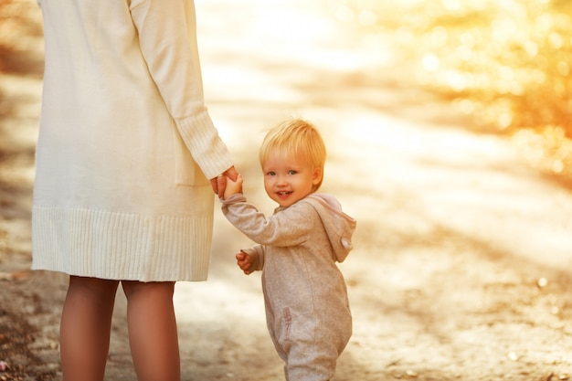 Opinión trasera un pequeño niño pequeño lindo que lleva a cabo la mano y la sonrisa de su madre. Adorable niño caminando con su madre en el parque en un día soleado de verano. Familia al atardecer.