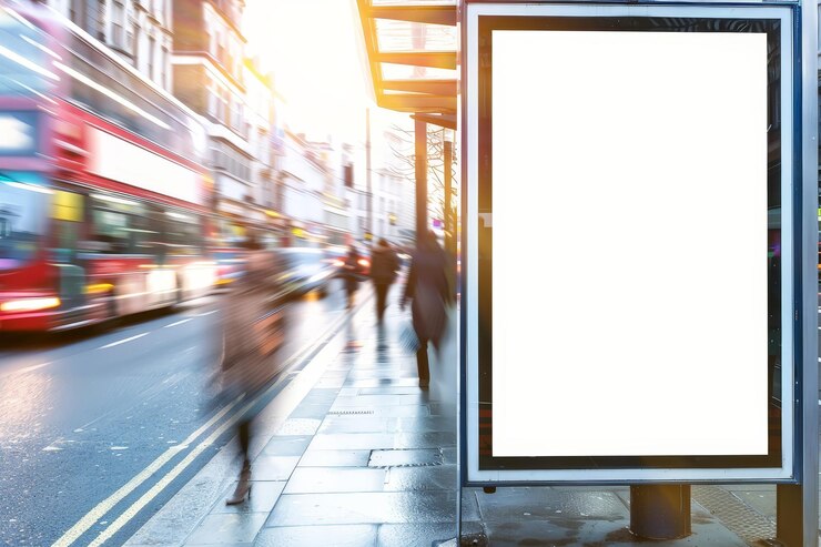 Oportunidad de publicidad urbana cartel en blanco en una bulliciosa parada de autobús con el fondo de la vida dinámica de la ciudad