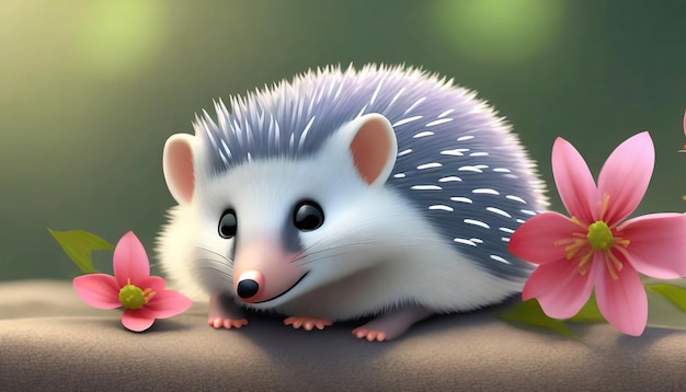 Foto opossum bonito ao ar livre bebê ouriço dormindo com flores cor-de-rosa