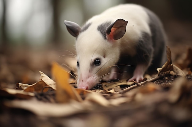 Opossum cavando a través de la basura de hojas